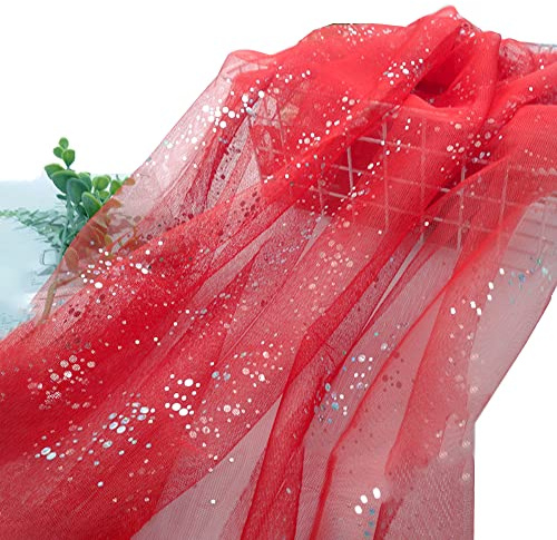 Wambere 160cm x 3m Tüll Stoff,Glitzer Tüll Dekostoff mit kleine Pailletten Dekostoff Tüll Stoff für Hochzeit Party Bankett Deko Handwerk Hochzeit Tischedeko Geschenk Bogen Dekostoff,Rot