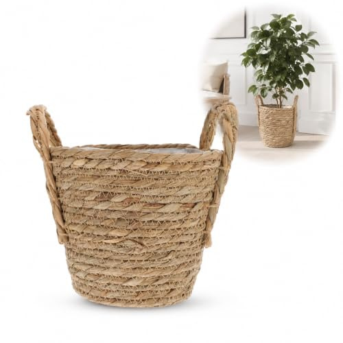DOITOOL 20cm Woven Straw Plant Pot with Handles | Indoor Seagrass Planter Basket with Waterproof Liner for Home Décor