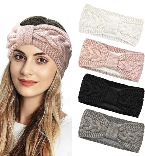 DTYGUIXE 4 Stück Stirnband Winter Strick Stirnband Sport Haarband Ohrenwärmer Elastische Headband Gestrickte Verdicken Kopfband für Laufen, Skifahren, Camping, Wandern (Schwarz, Weiß, Rosa, Grau)
