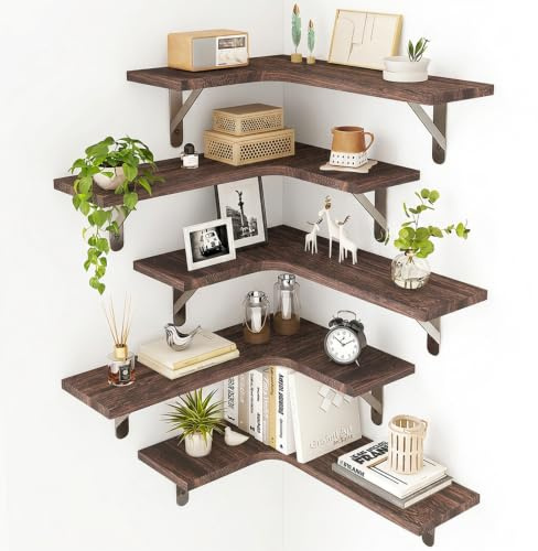 Fixwal Juego de 5 estantes flotantes para pared, estante esquinero de madera rústica para baño, cocina, dormitorio, decoración del hogar, lavandería, sala de estar (marrón nogal)