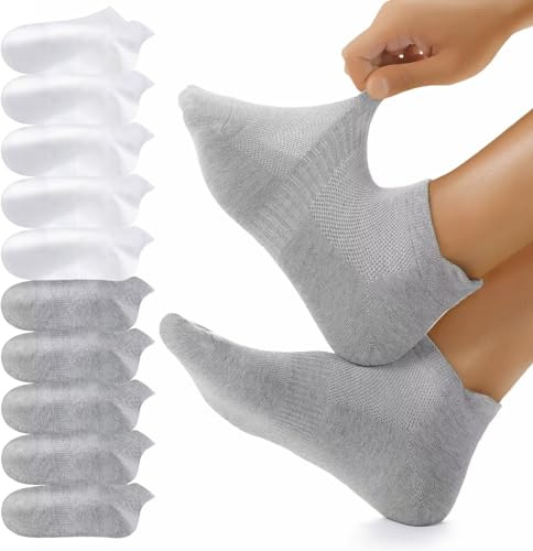 YouShow 10 par sneakers strumpor män kvinnor, andningsbara bomullsstrumpor, korta sportstrumpor, löparstrumpor, 5 x grå + 5 x vit, 35-38 EU
