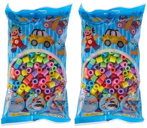 Hama Perlen 8571 Bügelperlen Beutel mit ca. 500 bunten Maxi Bastelperlen mit Durchmesser 10 mm im Pastellmix, kreativer Bastelspaß für Groß und Klein (Packung mit 2)
