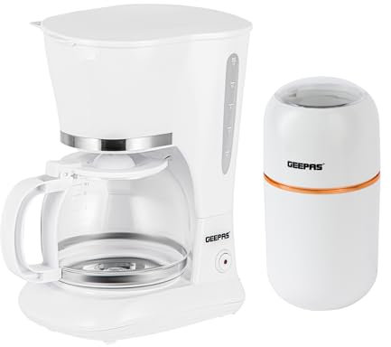 GEEPAS 1.5L Filter Coffee Machine & Coffee Grinder 80g Capacity Combo Set | 800W Coffee Maker for Instant Coffee, Espresso, Macchiato | 200W Electric Coffee Grinder for Dried Spice Nuts Herbs | White