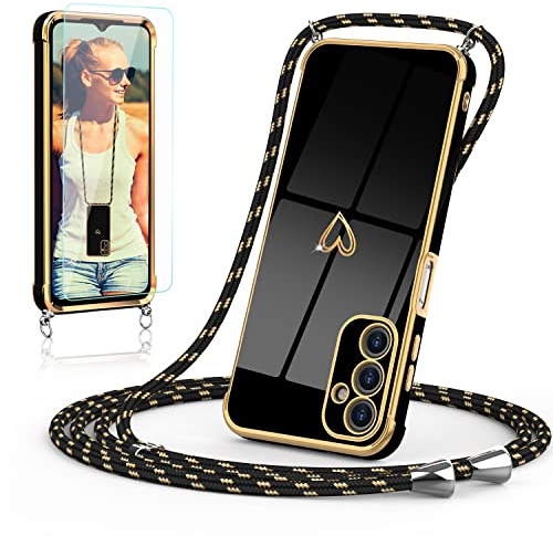 Togestar Handykette Hülle für Samsung Galaxy A35 Handyhülle mit Band und Schutzfolie, Kameraschutz Herz Love Design 360 Grad Stoßfeste Schutzhülle Silikon TPU mit Kordel zum Umhängen, Schwarz