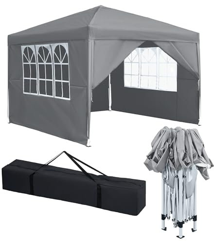 XINZI Pavillon 3x3 m Faltpavillon mit Wasserdicht Dach und 4 Seitenteilen Stabil Winterfest Gartenpavillon Höhenverstellbar Faltbar Partyzelt UV-Schutz 50+ Gartenzelt Camping Pavillion, Silbergrau