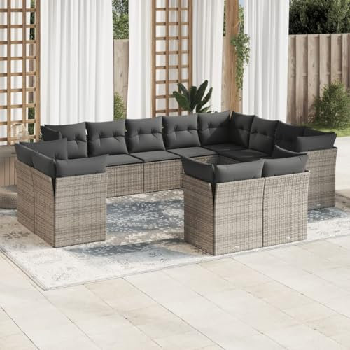 ULUYYUC 12-TLG. Garten-Sofagarnitur, Hocker Fußhocker Küchensofa Stehtisch Geeignet für Hinterhof Außenbereich Balkon Garten mit Kissen Grau Poly Rattan