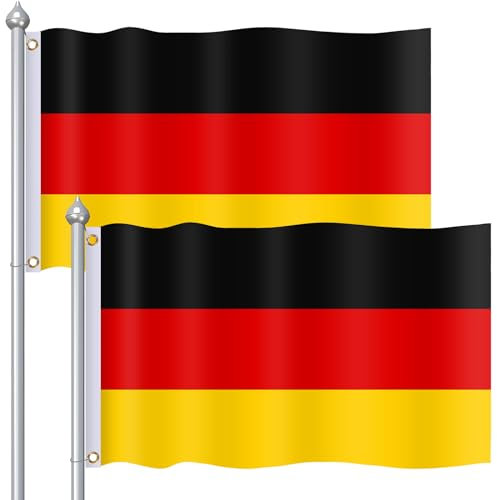 JUNEBRUSHS Deutschland Flagge, 2 Stück Deutschland Fahne 90 x 150 cm Wetterfeste Deutsche Flagge mit Messing-Ösen Kräftige Farben Germany Flag für Euro 2024
