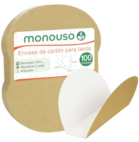 Monouso | 100 Soportes para Tacos 13,5x2,5x6cm, Cartón, Biodegradables, Bandejas para Tacos, Porta fajitas, Take away
