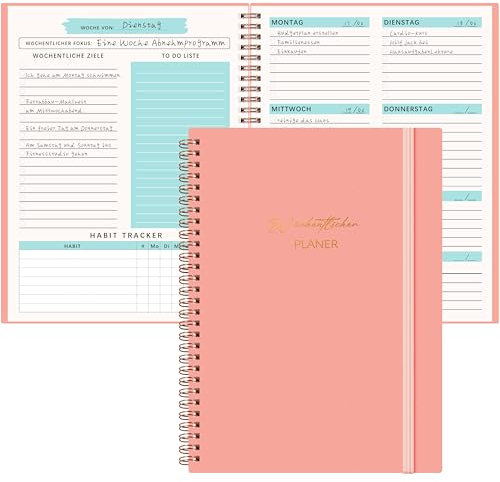 Qefuna Undatierter Wochenplaner,Terminplaner A5,wöchentlicher Terminkalender mit To-Do-Liste,PP Shell,104 Seiten 100 Gramm Papier,dem Hardcover -Ringordner，auf Deutsch(Rosa)