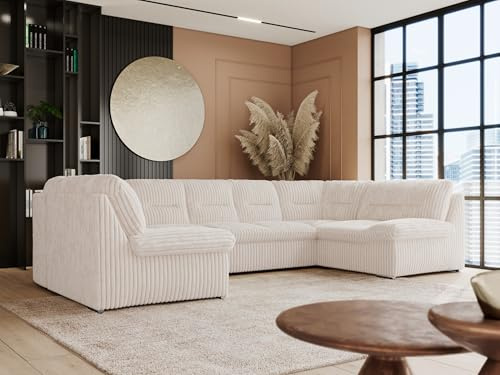 MKS MEBLE Wohnlandschaft COMODO U XXL – Sofa U-Form mit Schlaffunktion & Bettkasten, Schlafsofa mit Stauraum, freistehende Wohnzimmer Couch Ecksofa Polsterecke - Beige Cord