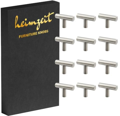 heimzeit Möbelknöpfe Bar 12 Stück aus hochwertigem Edelstahl in Silber | Schrankknöpfe T-förmig für Türen, Schubladen und Kommoden, Stilvolles Design, mit Einlochgriff und Schrauben