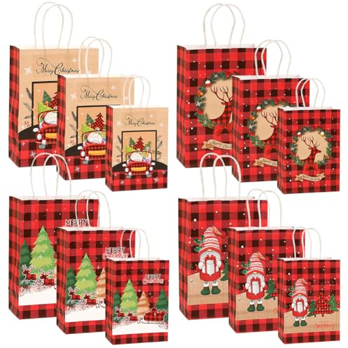 12 Stück Weihnachts Kraft Geschenktaschen,Geschenktüten Aus Kraftpapier Zum Thema Weihnachten,3 Verschiedene Größen,Kraftpapier Geschenktüten Mit Griff,Für Advent Süßigkeiten Weihnachts Party (Stil-A)