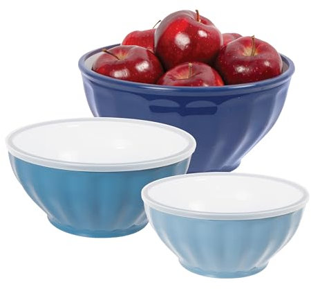 Oggi Set mit 3 geriffelten Rührschüsseln mit Deckel, verschachtelte Kunststoffschalen für Küche, langlebiges Rührschüssel-Set, BPA-freie Kunststoffschalen mit Deckel, 1,6, 2,6, 3,7 Qt