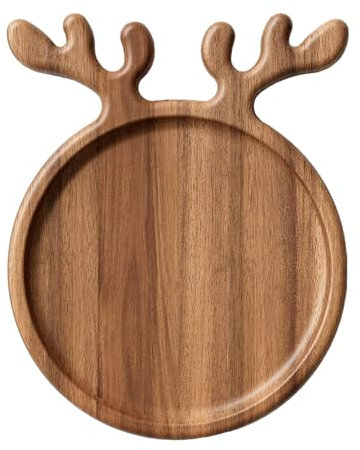 Plato de madera para servir – Plato de comida de alce, plato de frutas de Navidad | Plato de galletas de madera con diseño creativo de asas de cuerno, plato reutilizable para servir frutas para