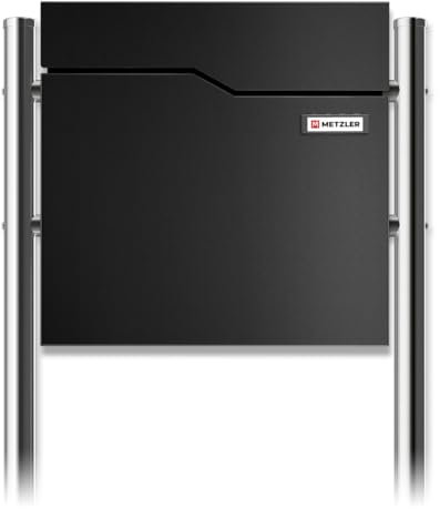 Metzler boîte aux Lettres sur Pied en Noir Profond – Thermolaquée, avec Compartiment à journaux, Pied en INOX et Plaque Nominative Interchangeable