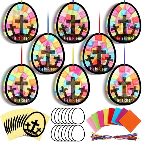 Eersida 32 Sets Easter Egg VBS Religious Cross Suncatchers Craft Kit He is Risen DIY Christian Tissue Paper Sunday School Craft Stained Glass Effect Tissue Paper Kit for Lent Resurrection Window Art