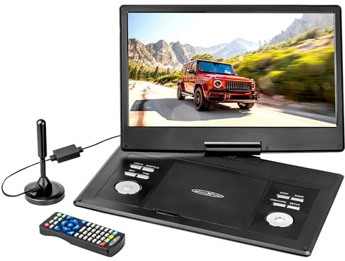 REFLEXION DVD1424 portabler/tragbarer DVD-Player 14 Zoll (36 cm) LCD-Monitor mit DVB-T2 HD Tuner, integrierter Akku, inklusive Gamepad, Game-Disk und 12V-Auto-Adapter