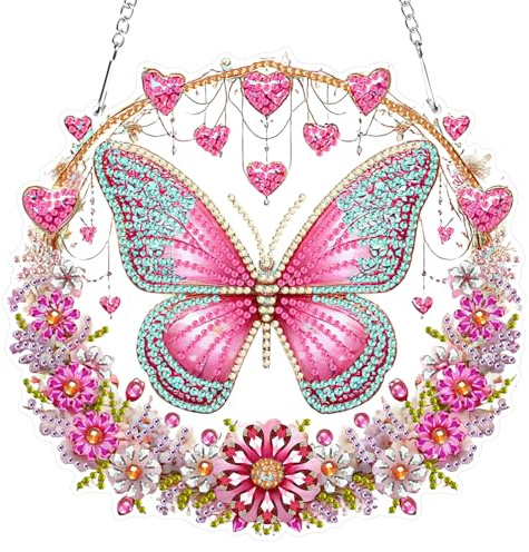 RICUVED Rosa Schmetterling Diamond Painting Anhänger Set,Tiere Diamond Art Bilder Hängende Ornament Kits Erwachsene Special Shaped Diamant Painting Anhänger DIY Diamond Painting Windspiel Kranz