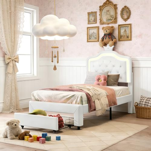FEEOHOME Barnsäng för flickor 90 x 200 cm, prinsessasäng med 1 låda och LED, vadderad dubbelsäng, sängram med ribbotten och justerbar sänggavel för ungdomar, vit PU