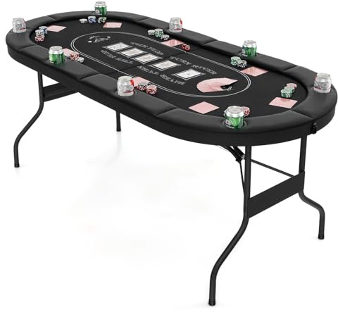 DREAMADE Table de poker pliable pour 8 joueurs - Table de jeu avec porte-gobelet - Table de poker avec cadre en métal - 182 x 82 x 75 cm - Noir