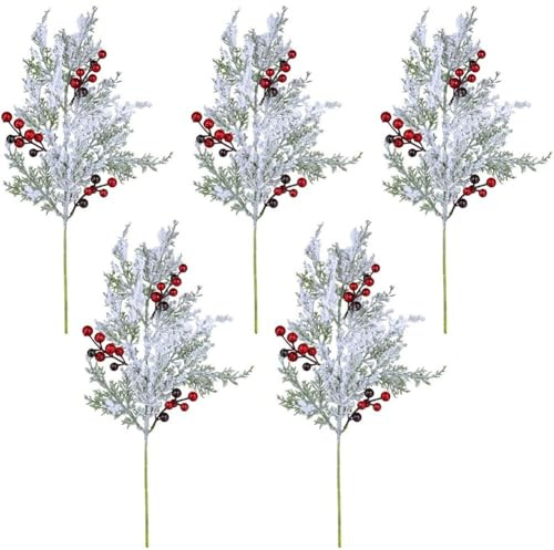 5 Piñas Navideñas Con Flores Para Manualidades, Tallos De Bayas Rojas Blancas, Ramas De Pino Artificiales Con Copos De Nieve, Acebo Flocado, Púas Florales Navideñas Para Decorar Árbol De Navidad De