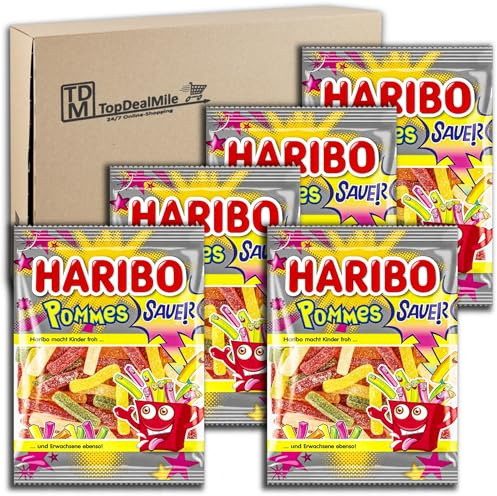 TopDealMile-Vorratspack für Haribo Pommes sauer 5 x 175g Saure gezuckerte Fruchtgummi-Pommes mit Fruchtgeschmack. 5-fach sortiert.