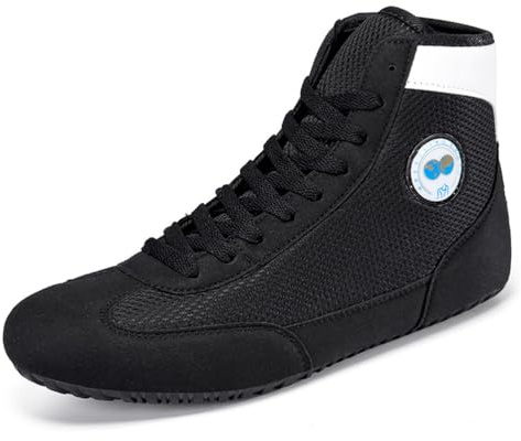 FJJLOVE Chaussures De Boxe Et De Lutte Unisexes, Baskets De Boxe en Mesh, Respirantes, Adaptées À La Pratique De La Lutte, De l'exercice Et des Arts Martiaux, À Lacets,Noir,43 EU