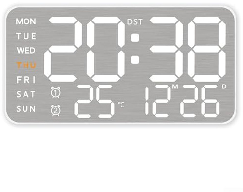 Jotekonoby Moderno reloj despertador LED montado en la pared con pantalla táctil, visualización completa, hora, fecha, temperatura, brillo ajustable, formato de 12/24 horas, metal cepillado (carcasa