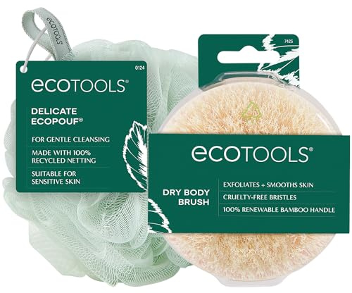 EcoTools Dry Body Brush for Circulation, Dead Skin Removal + Green Delicate EcoPouf Made with Recycled Netting for Cleansing and Exfoliating Sensitive Complexion, Self-Care Gifts
