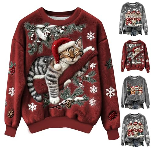 HUIFUAO Flanell jultröja för kvinnor söt katt jultomten tryck jultoppar roliga julkläder vinter varm mjuk pullover långärmad toppar nyhet semester kostymer gåvor, Z03 Röd, S