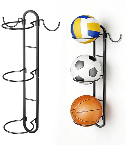 momgyaamz Soporte Balon Futbol Colgante de Pared, 3 Pisos Soporte Balones para 3 Balones, Soporte de Baloncesto Extraíble, Ahorra Espacio, para Guardar Balones de Baloncesto, Fútbol y Voleibol, Metal