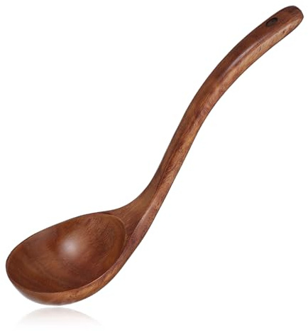 DOPENSPI Suppenkelle aus Holz, 26 cm langer Griff, Suppenkelle aus Holz, Suppenlöffel, Küchenutensil zum Kochen und Servieren von Suppen(Gebogener Löffel)