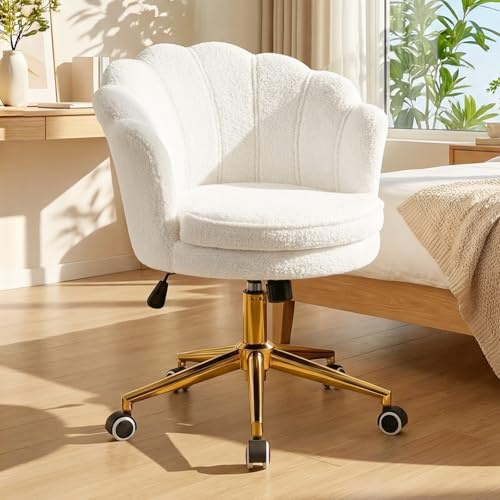 Hellove Chaise Coiffeuse Sherpa avec Dossier Coquille – Fauteuil Pétale Moderne à Pieds Dorés, Chaise de Bureau Fauteuil Coquillage Design, Petit Fauteuil Confortable pour Salon, Chambre, Blanc