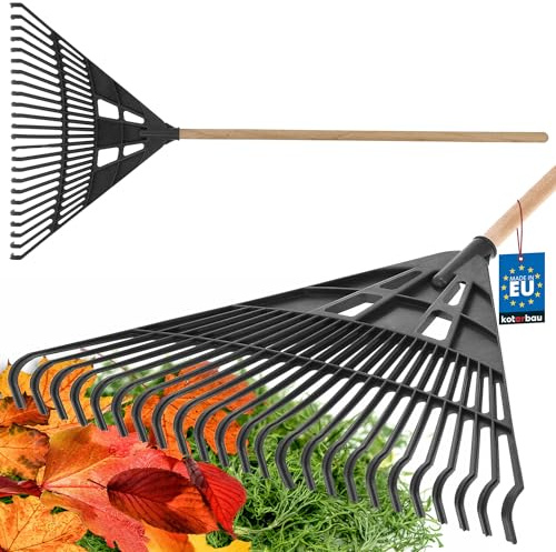 KOTARBAU® Laubrechen Kunststoff - 61 cm - Gartenrechen mit Holzstiel - 100 cm - Rechen für Herbstlaub & Heckenschnitt - Fächerbesen für Heu - Laubbesen - Laubharke - Kunststoff - Schwarz