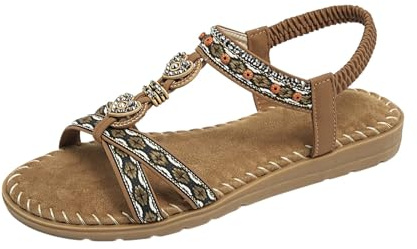 QXQLSH - Sandalias planas para mujer, puntera abierta, diseño de correa en T, ribete adornado, correa trasera elástica, Khaki, 4.5 UK 3X-Narrow
