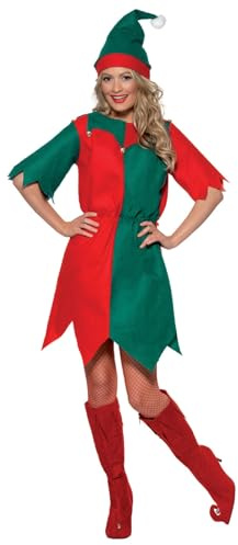 Smiffys Disfraz de elfa, Rojo y verde, con gorro y túnica Halloween, Carnaval