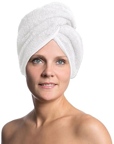ZOLLNER Turbante para el Pelo en Blanco - Toalla Suave para el Pelo con Cierre de botón - Secado rápido - Lavable hasta 60 °C - Algodón