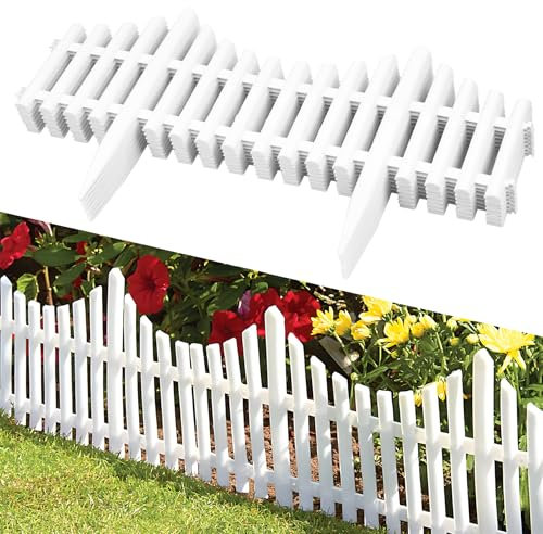KCT 4 Packs White Picket Fence Garden Border –Interlocking Flexible Lawn Plant Flowerbed Panels – 32 Pieces Total