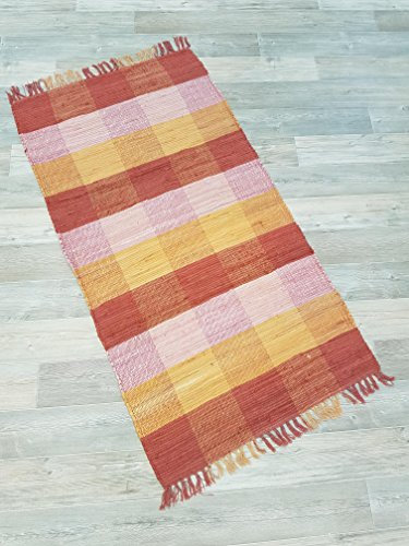 Kottig Fleckerlteppich Handweb Fleckerl Teppich ULM 70x140 cm 100% Baumwolle Karo rot