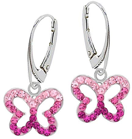 Kristall Schmetterling Brisur Ohrringe 925 Echt Silber Mädchen Kinder Ohrhänger (A Pink-Rosa)