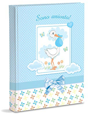 Album Fotografico, Celeste, Nascita Bambino, con Diario, 23X30 Cm, 56 Pagine Bianche e 4 Pagine Diario Personalizzabili, Pagine in Cartoncino Spesso e Resistente Intervallate da Pergamino