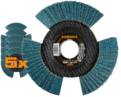 RHODIUS VVISION PRO - Disco lamellare in acciaio INOX, diametro 125 mm, K40, per smerigliatrice angolare, 5 pezzi