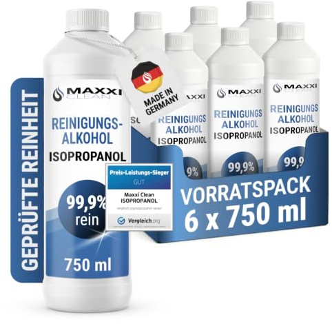 Maxxi Clean | 6x 750 ml reines Isopropanol (99,9%) Reinigungsalkohol | Fettlöser & Lösungsmittel | rückstandsfrei anwendbar zur Reinigung von elekt. Bauteilen, Schallplatten, Druckköpfen und mehr