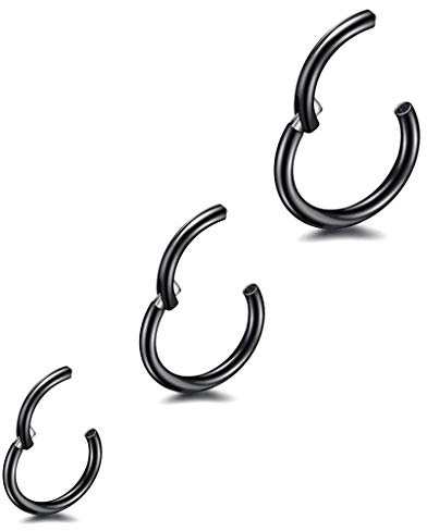 3 Stk 8/10/12mm 16G Edelstahl Nasenring schwarz Damen Herren Septum Clicker Ring Nasenring Set Ohr Lippen Nasenpiercing Lippenpiercing Knorpel Creolen für Männer Frauen