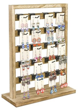 Ikee Design Présentoir à bijoux en bois avec 20 crochets, présentoir de cartes de boucles d'oreilles avec crochets, tour à bijoux pour cartes de boucles d'oreilles, colliers, porte-clés, couleur chêne