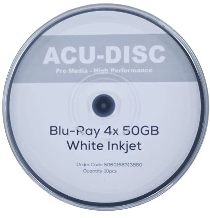 ACU-DISC Pro-Series BD-R 50GB 4x HTL Dual Layer DL BDR Full Face White Inkjet Printable Recordable Blank Data Blu-Ray Discs Cake Box/Spindle 13860 - 10 Pack