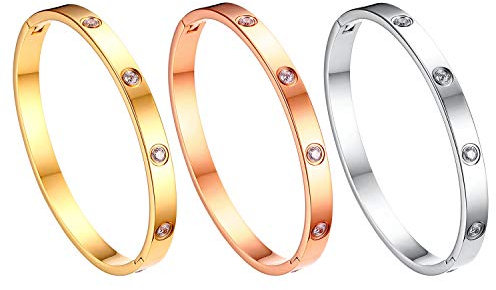 JewelryWe Schmuck 3pcs Damen Armreif Edelstahl Zirkonia einfache Stil Liebe Armband 6mm breit mit Schließe größere Armspange Gravur Silber/Gold/Rosegold