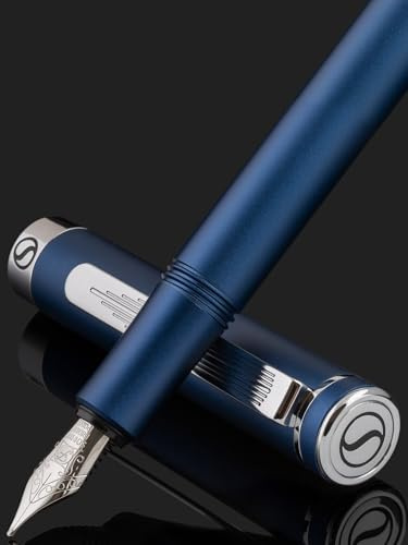 Scriveiner Luxus EDC Füllfederhalter (Fein), Mattblau Taschenfüller, verchromt, deutsche Schmidt Mine, Konverter, Schreibgeräte-Geschenkset für Mann und Frau, schicker Designerstift fürs Büro
