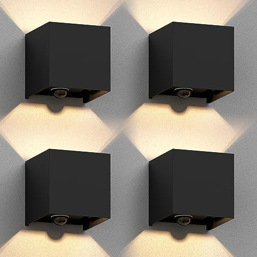 ledscom.de 4x Wandleuchte CUBEL für außen, IP65, Up-/Downlight, Bewegungsmelder, schwarz matt, quadratisch, 1x G9 max. 10W