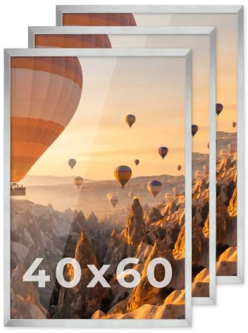 PHOTOLINI Marcos 40x60 cm plata madera MDF, set de 3 marcos para pósteres, cristal acrílico, para colgar, incluye accesorios - para fotos, láminas y pósteres